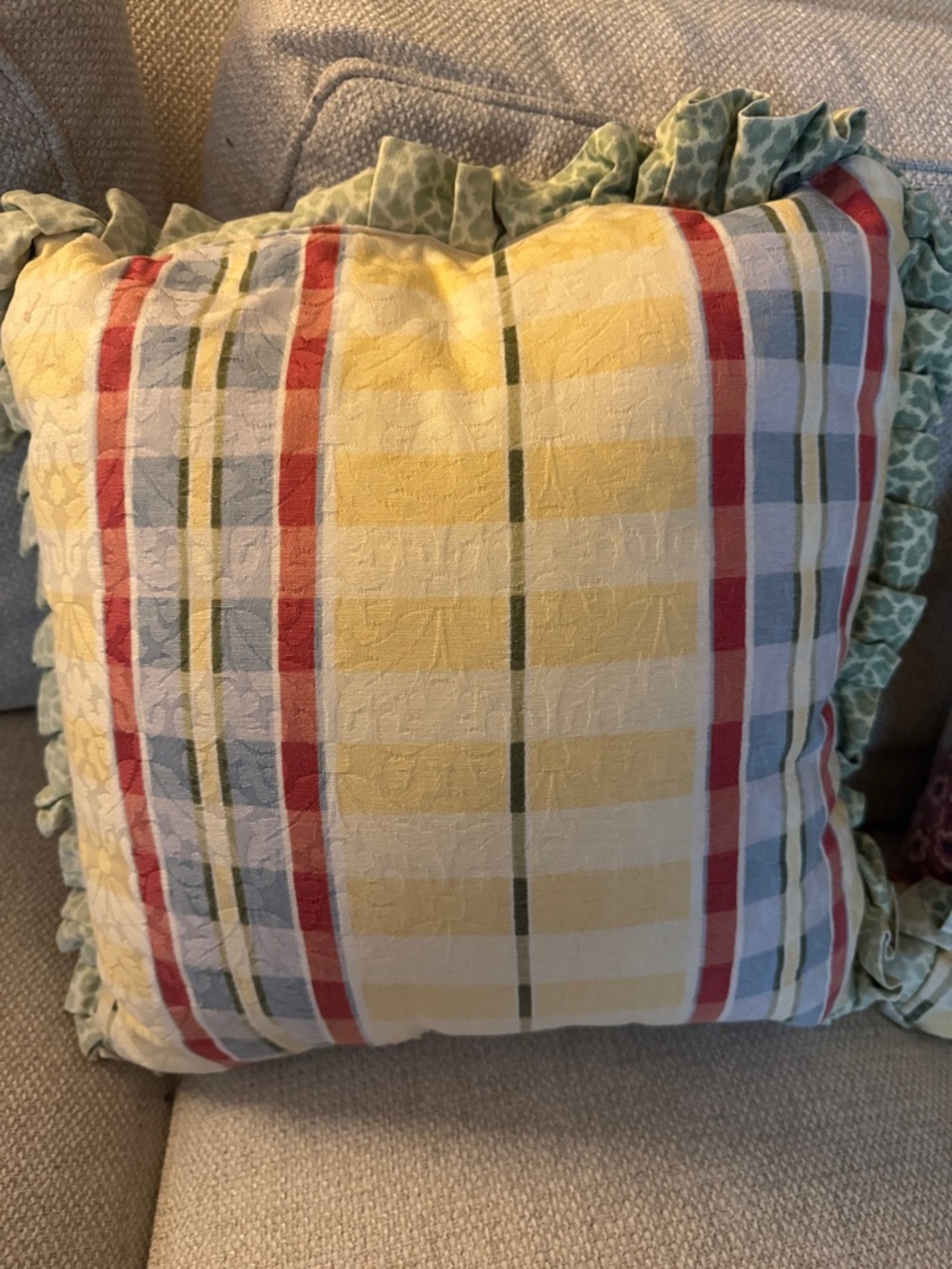 Floral Ruffled Throw Pillows- Pale Yellow with Pink & Green (Pair) - Picture 9 of 10